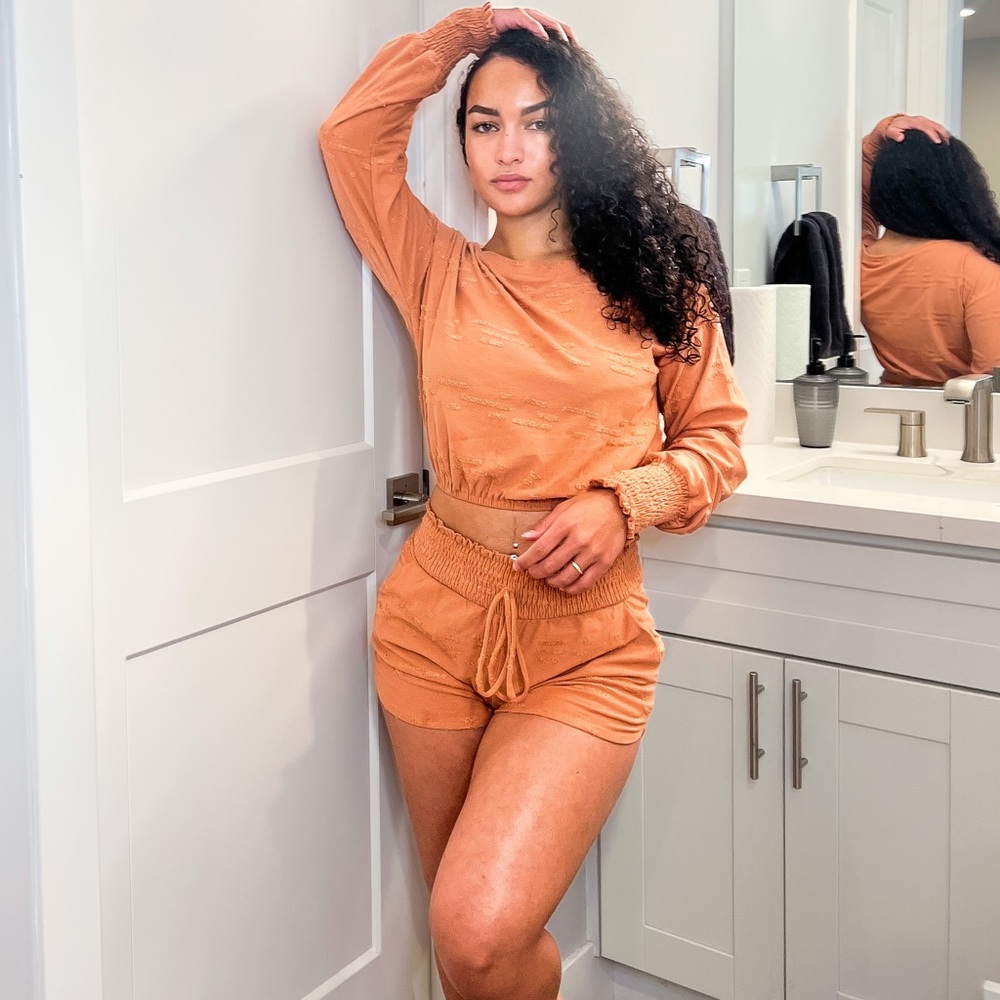 Peach Long Sleeve Two Piece Lounge Set